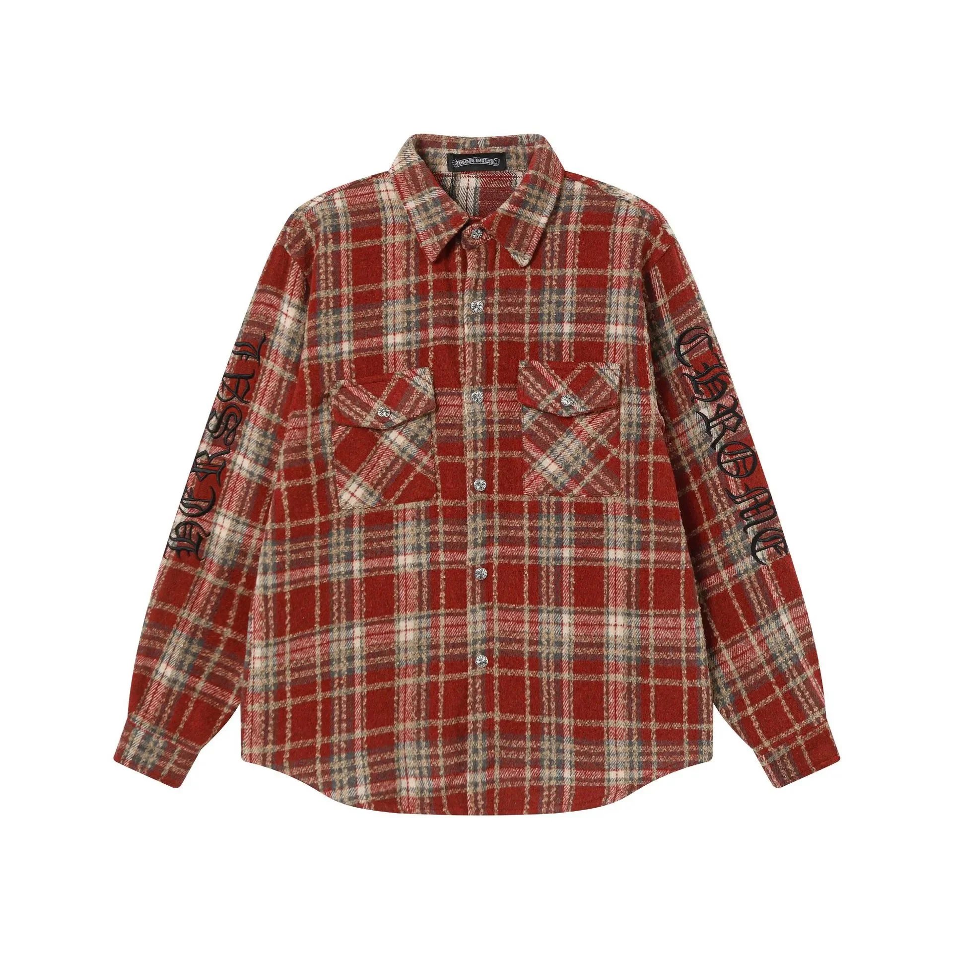 Chrome Hearts Shirts Long-Sleeve Plaid and Cross-Motif Button-Up Shirt — 2227 Red