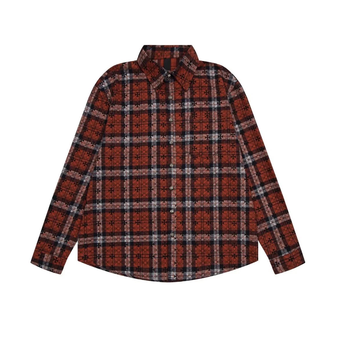 Chrome Hearts Shirts Long-Sleeve Plaid and Cross-Motif Button-Up Shirt — 137 Red