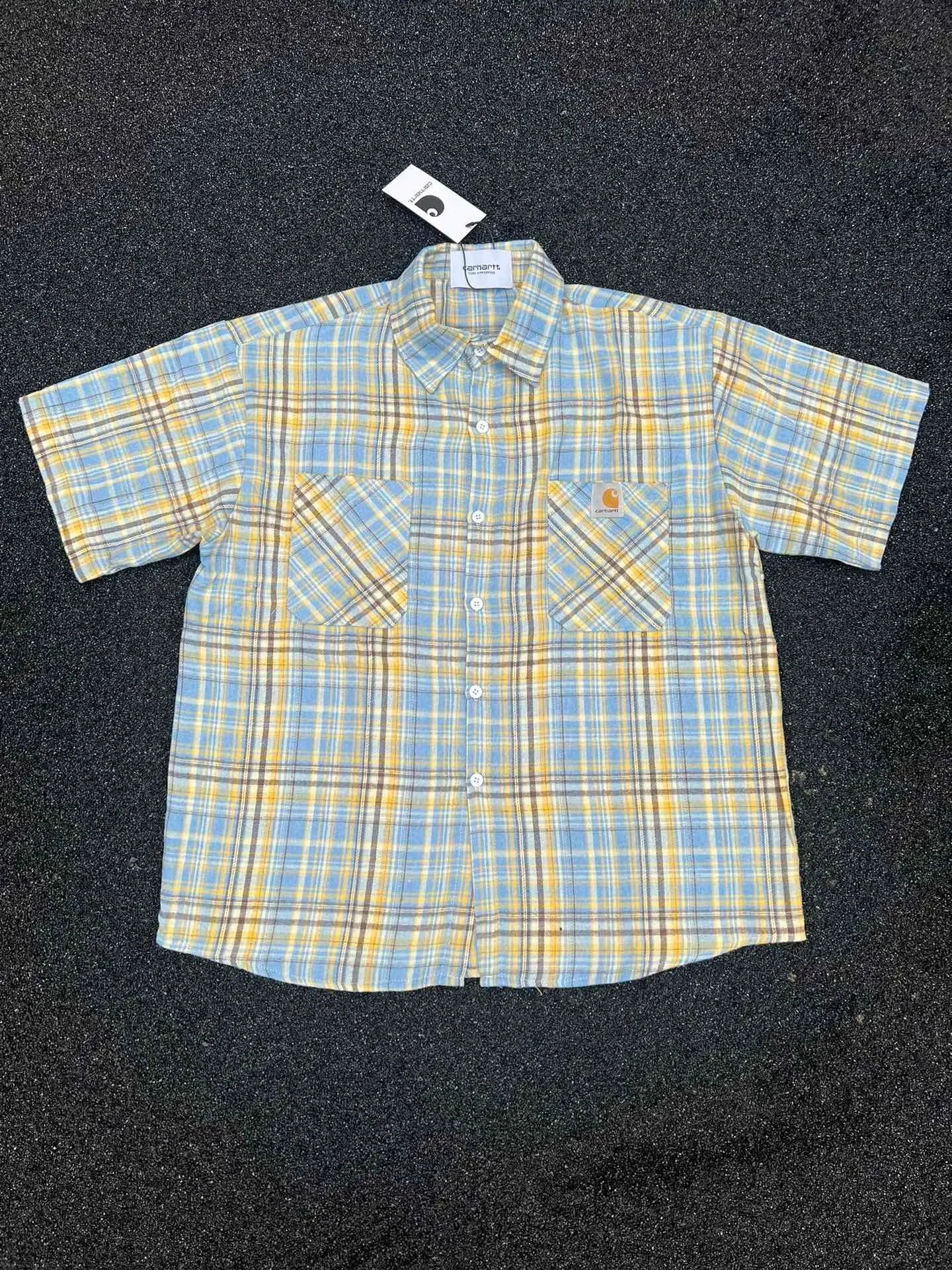 Chrome Hearts Shirts Long-Sleeve Plaid and Cross-Motif Button-Up Shirt — Light Blue and Yellow Short Shirt