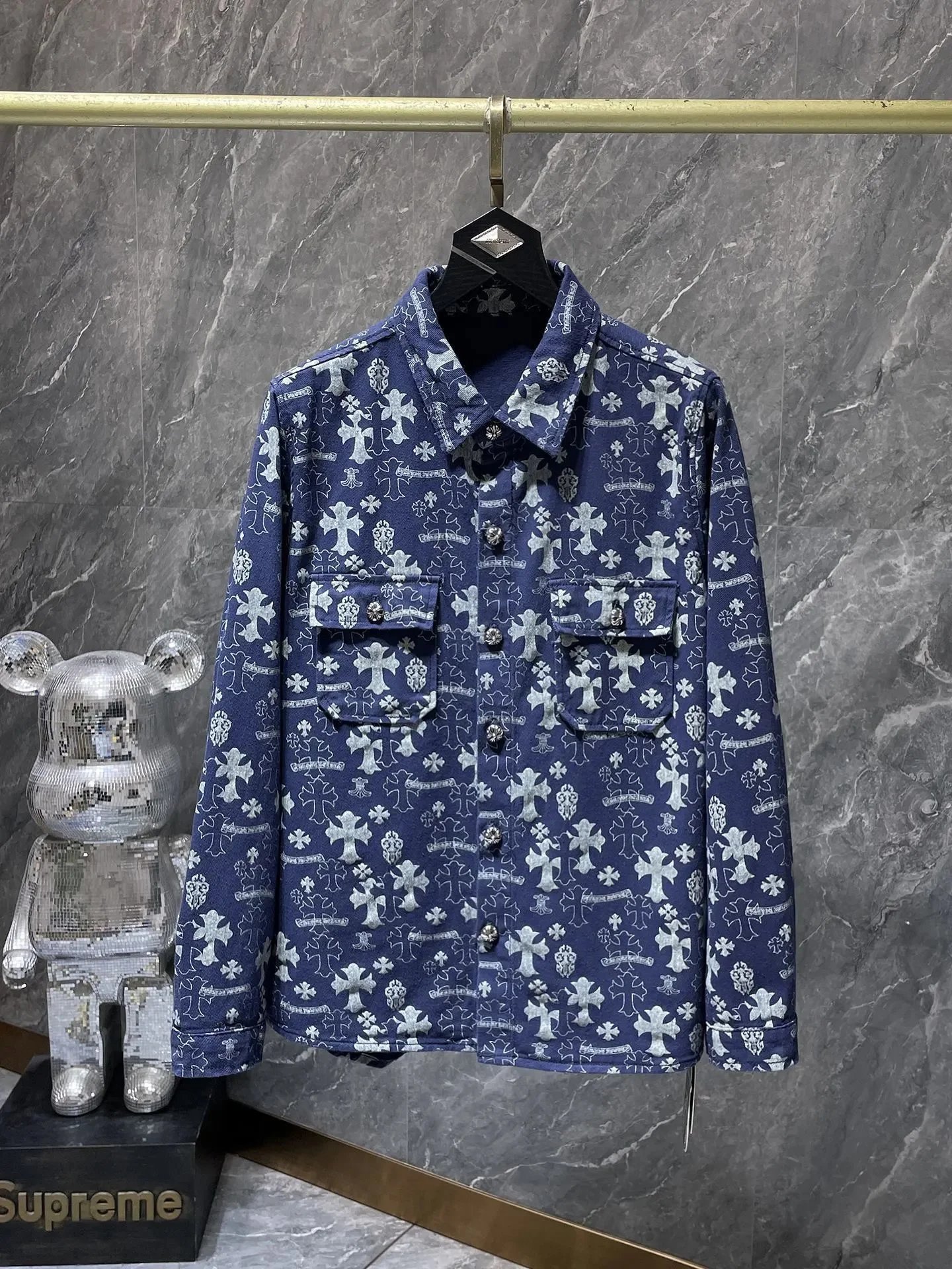 Chrome Hearts Shirts Long-Sleeve Plaid and Cross-Motif Button-Up Shirt — 8122 Denim Blue