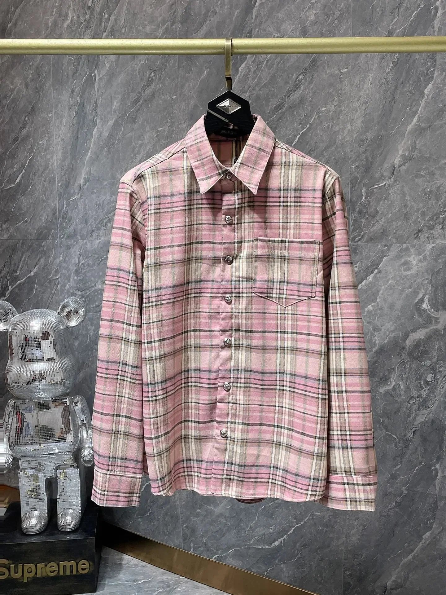 Chrome Hearts Shirts Long-Sleeve Plaid and Cross-Motif Button-Up Shirt — 8132 pink plaid