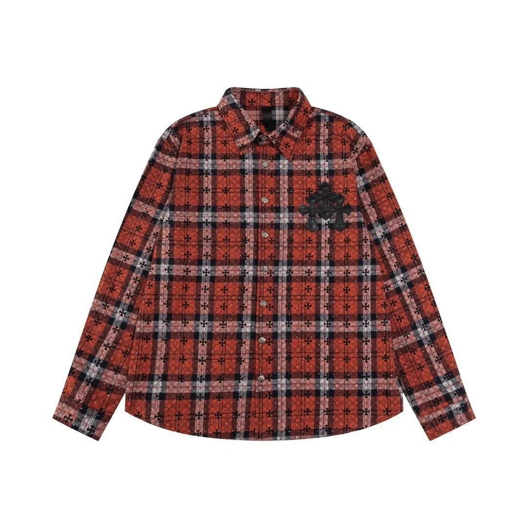 Chrome Hearts Shirts Long-Sleeve Plaid and Cross-Motif Button-Up Shirt — 120 Red