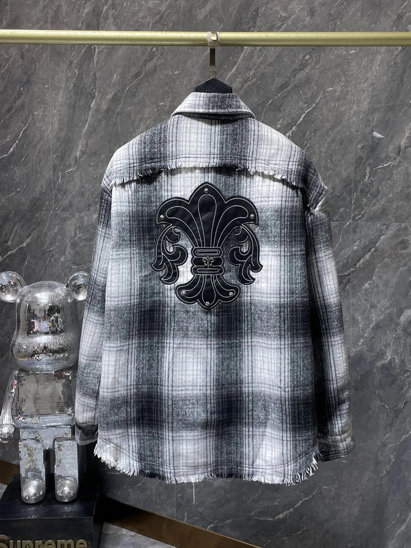 Chrome Hearts Shirts Long-Sleeve Plaid and Cross-Motif Button-Up Shirt — 8140 vintage black check