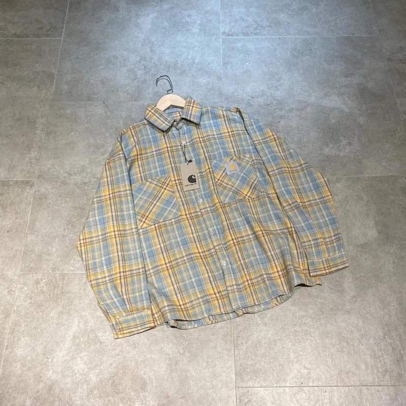 Chrome Hearts Shirts Long-Sleeve Plaid and Cross-Motif Button-Up Shirt — Light Blue and Yellow Pformed Shirt
