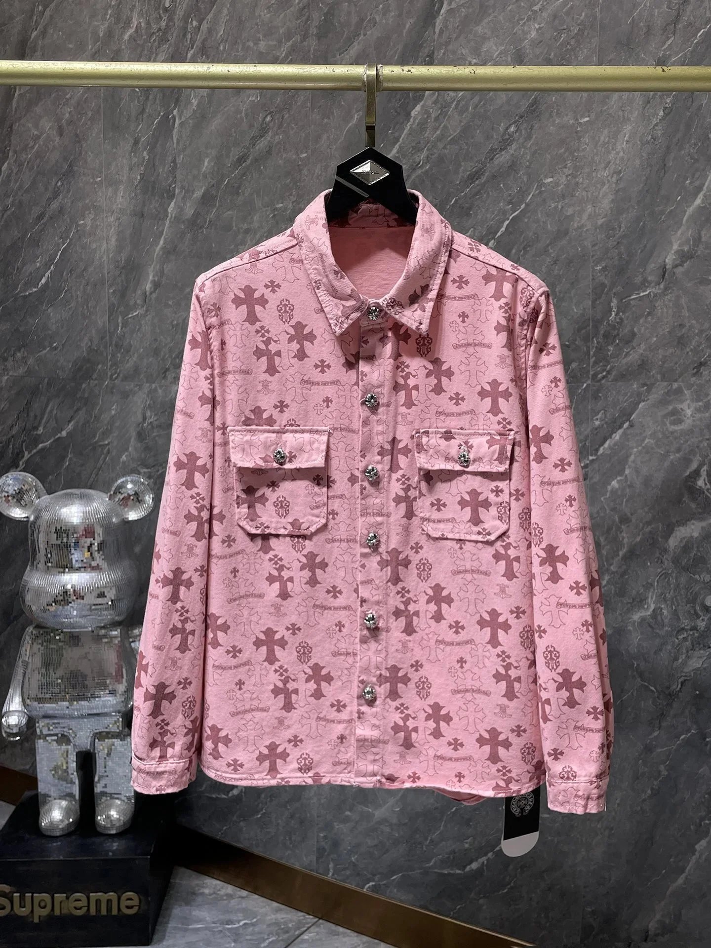 Chrome Hearts Shirts Long-Sleeve Plaid and Cross-Motif Button-Up Shirt — 8122 denim powder