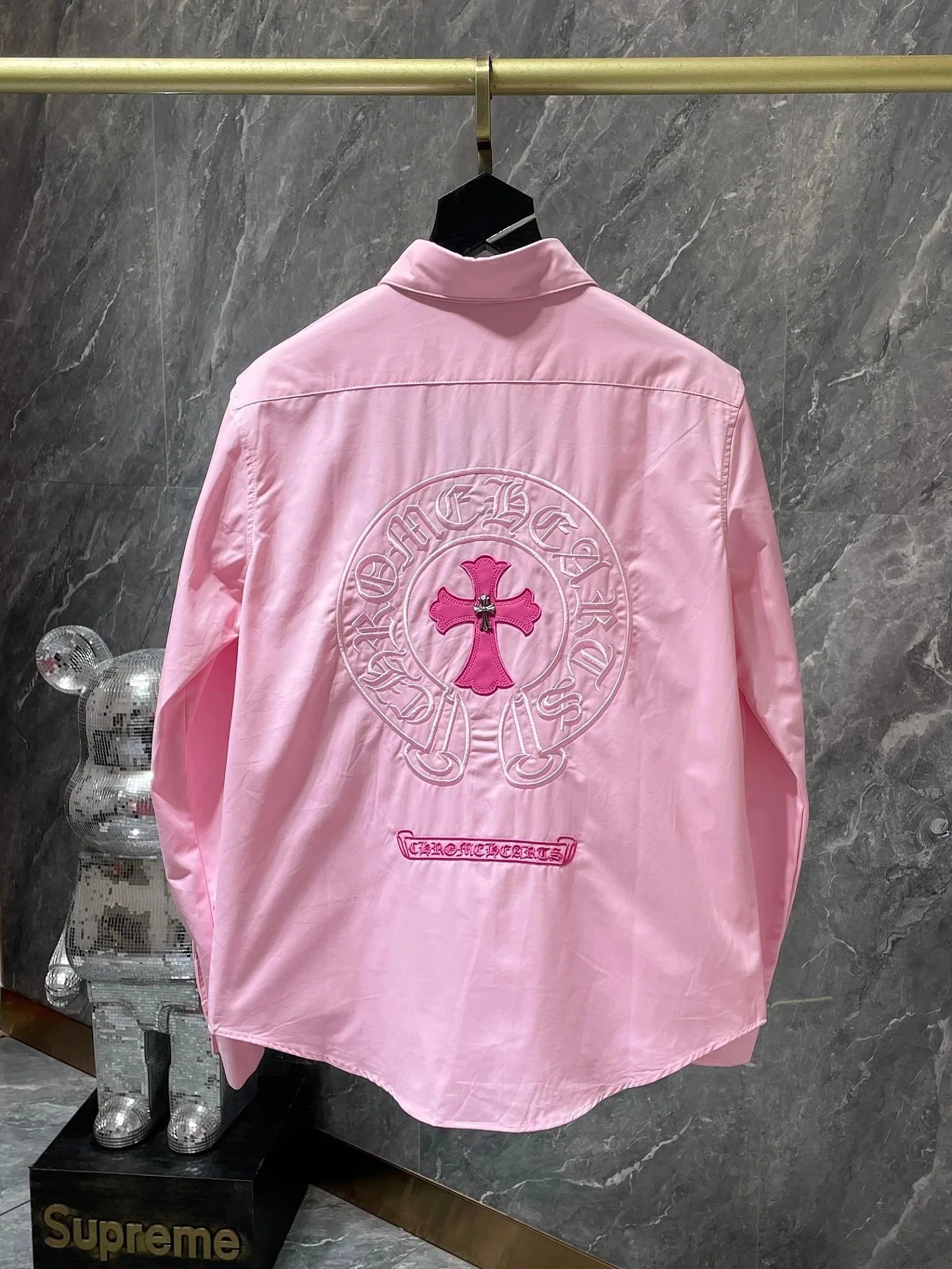 Chrome Hearts Shirts Long-Sleeve Plaid and Cross-Motif Button-Up Shirt — 8135 Pink