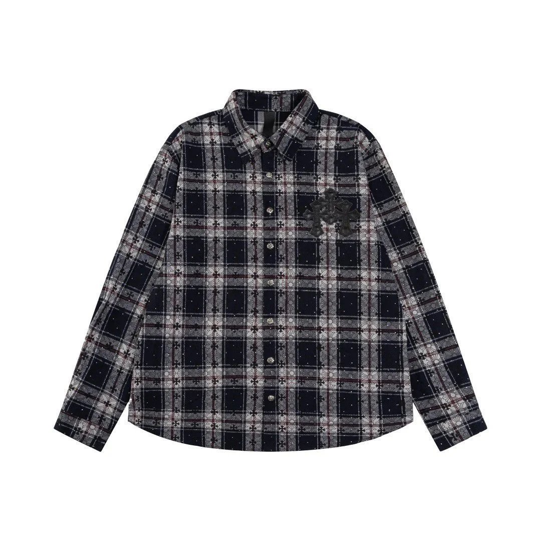 Chrome Hearts Shirts Long-Sleeve Plaid and Cross-Motif Button-Up Shirt — 120 navy blue