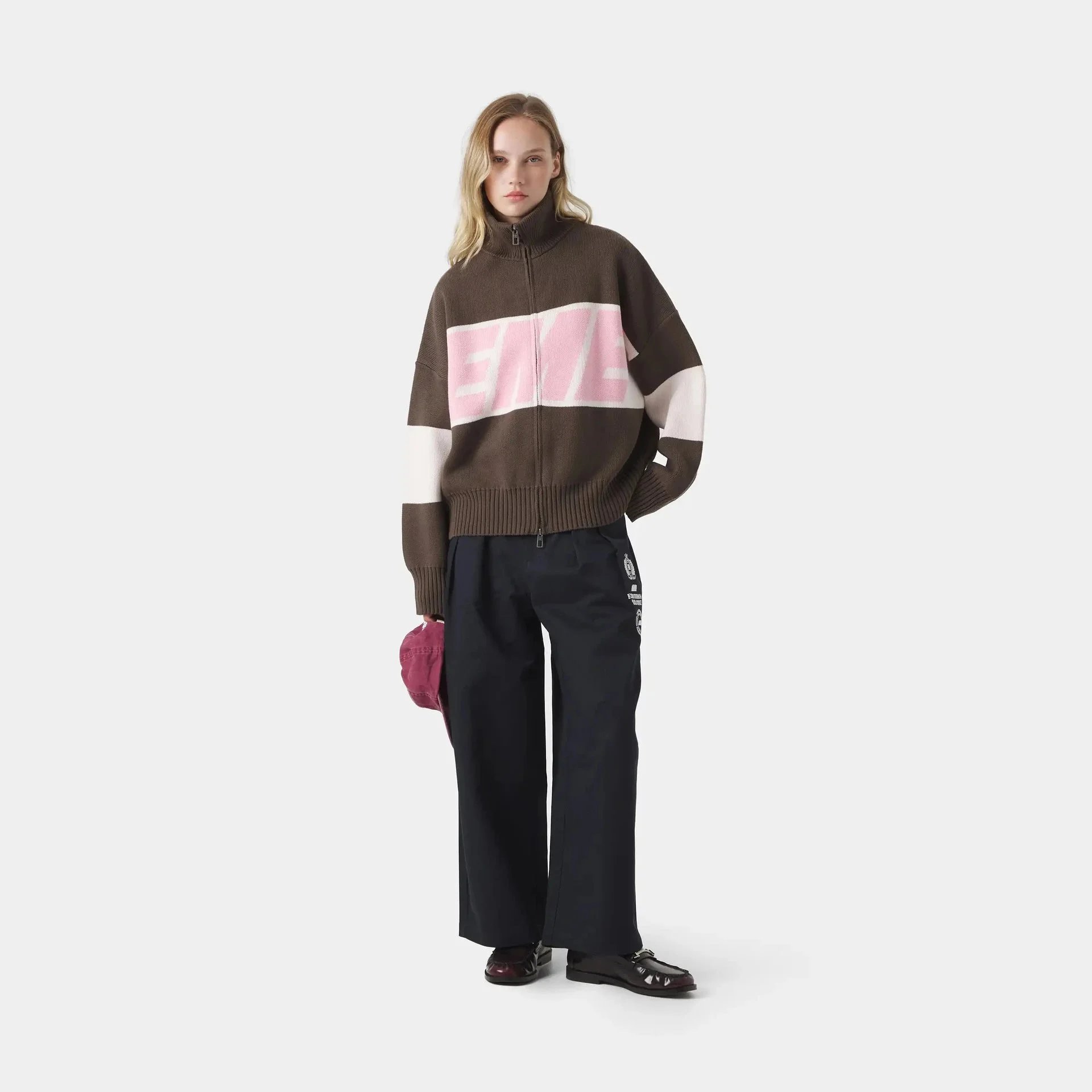 EMZE Knitwear Zip-Up Mock-Neck Logo Knit Cardigan — Powdered coffee-colored knit