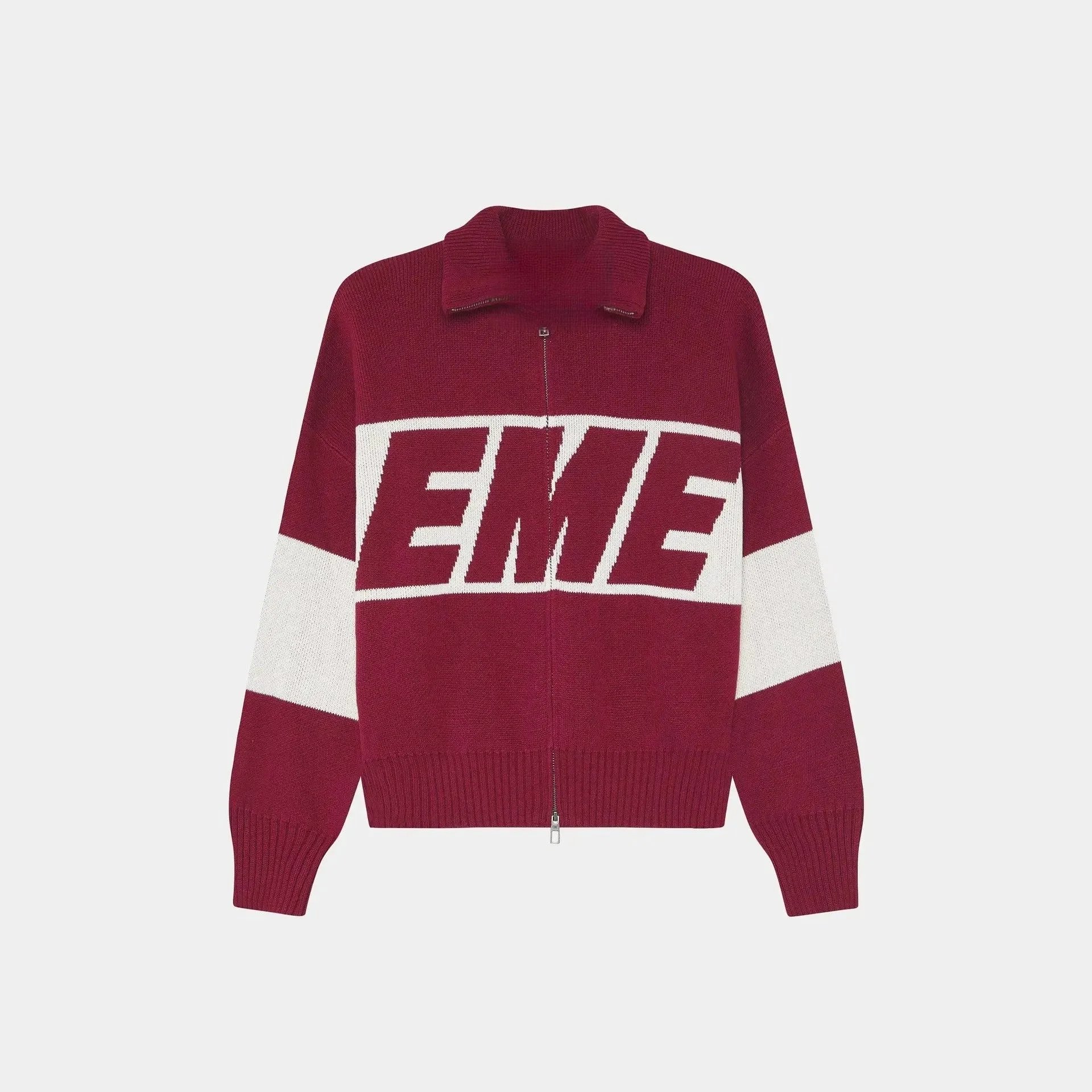 EMZE Knitwear Zip-Up Mock-Neck Logo Knit Cardigan — Burgundy knit