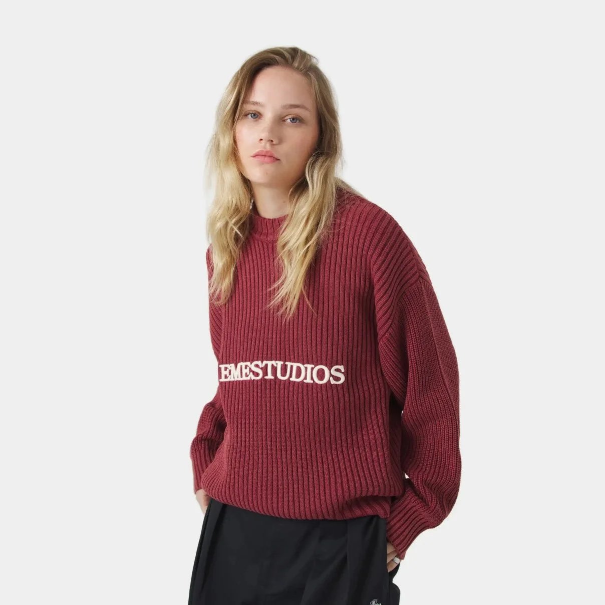EMZE Knitwear Zip-Up Mock-Neck Logo Knit Cardigan — scarlet letter knit