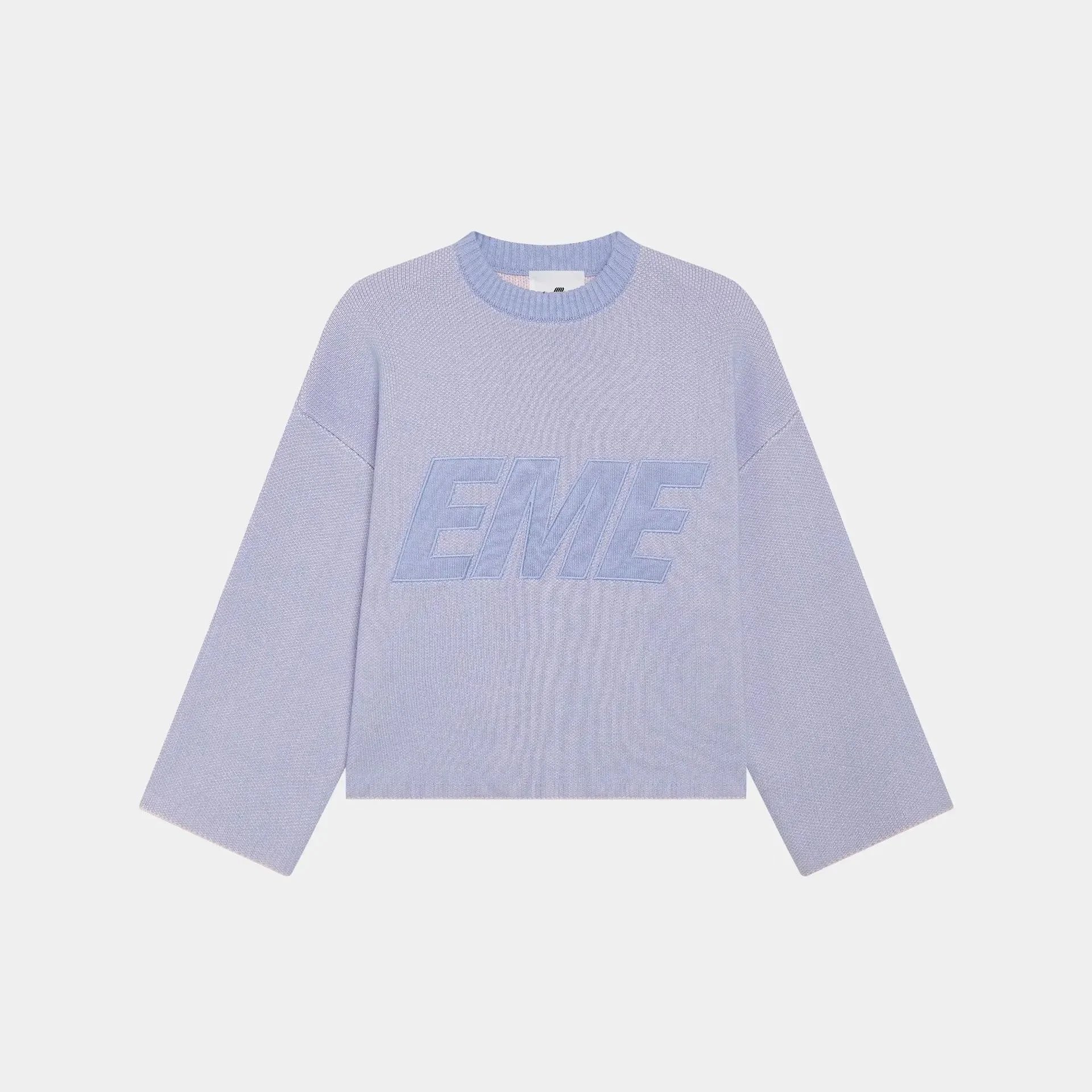 EMZE Knitwear Zip-Up Mock-Neck Logo Knit Cardigan — Blue Knit (5 days pre-sale)