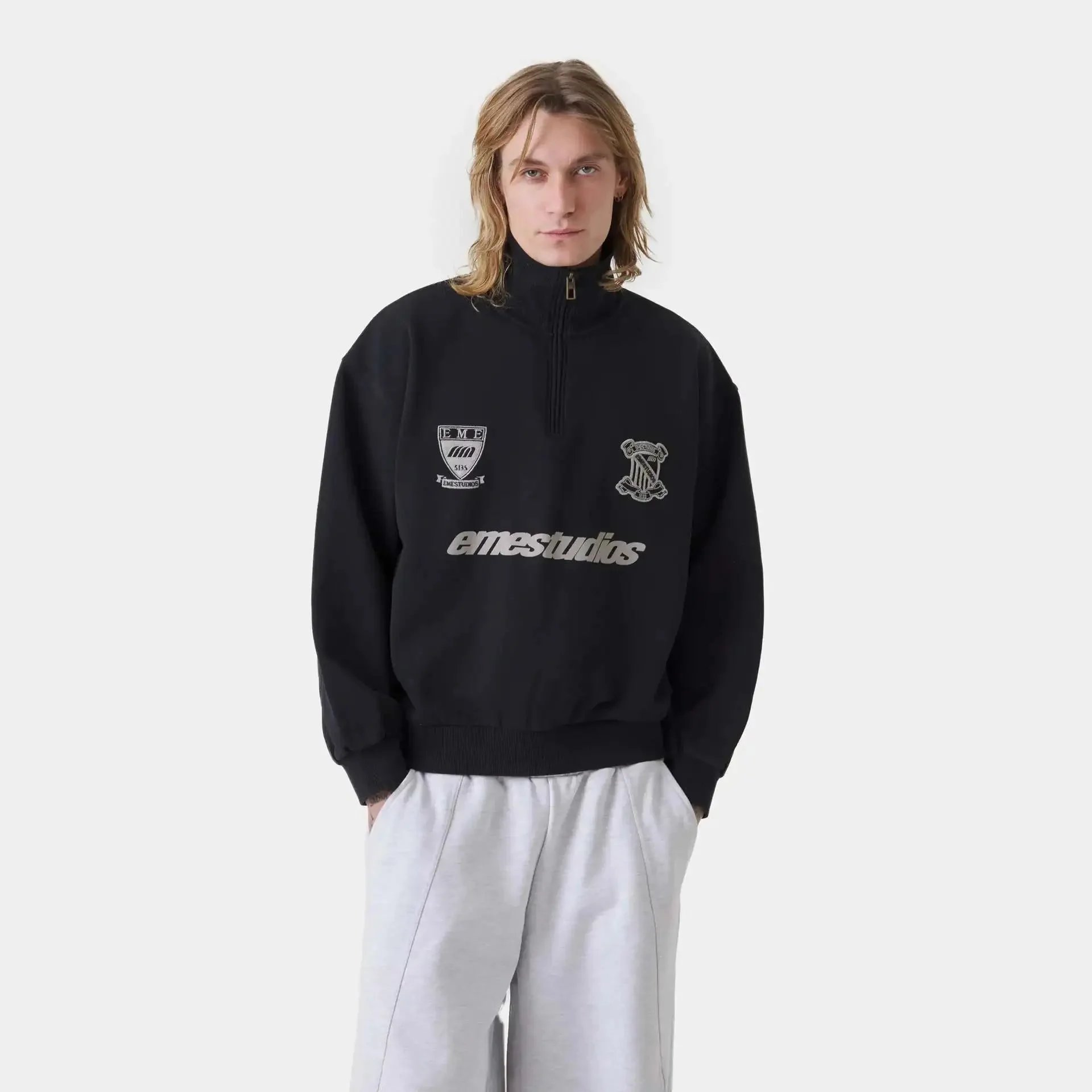 EMZE Knitwear Zip-Up Mock-Neck Logo Knit Cardigan — Black-collar zip-up hoodie