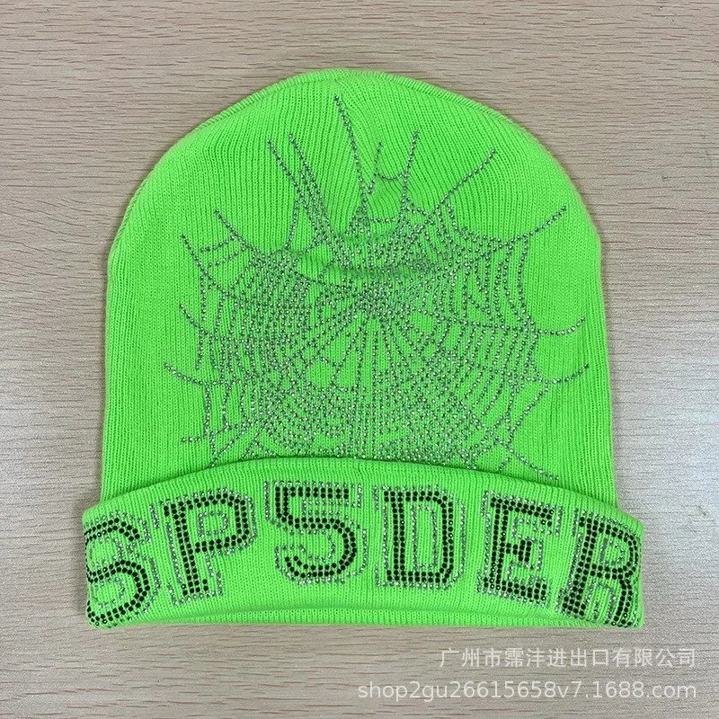 Unbranded Hats Rhinestone Spiderweb Cuffed Knit Beanie — Green