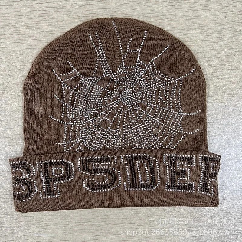 Unbranded Hats Rhinestone Spiderweb Cuffed Knit Beanie — Dark brown