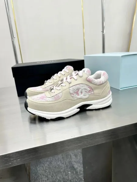 Chanel CC Logo Tweed Sneakers Beige Pink Chunky Sneakers - 2
