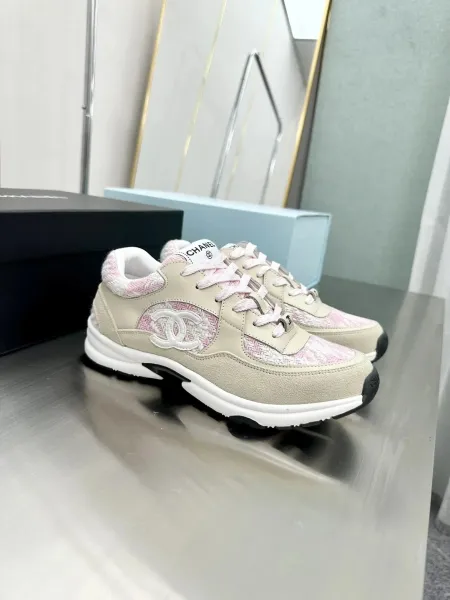 Chanel CC Logo Tweed Sneakers Beige Pink Chunky Sneakers - 10