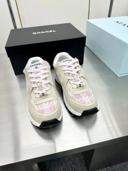 Chanel CC Logo Tweed Sneakers Beige Pink Chunky Sneakers - 5