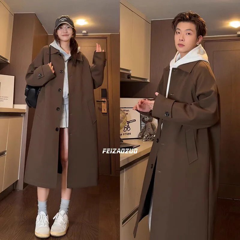Men's Long Vintage Coffee Trench Coat, Outfit for Tall Guys, Couple Style, Autumn Draped Korean Lazy