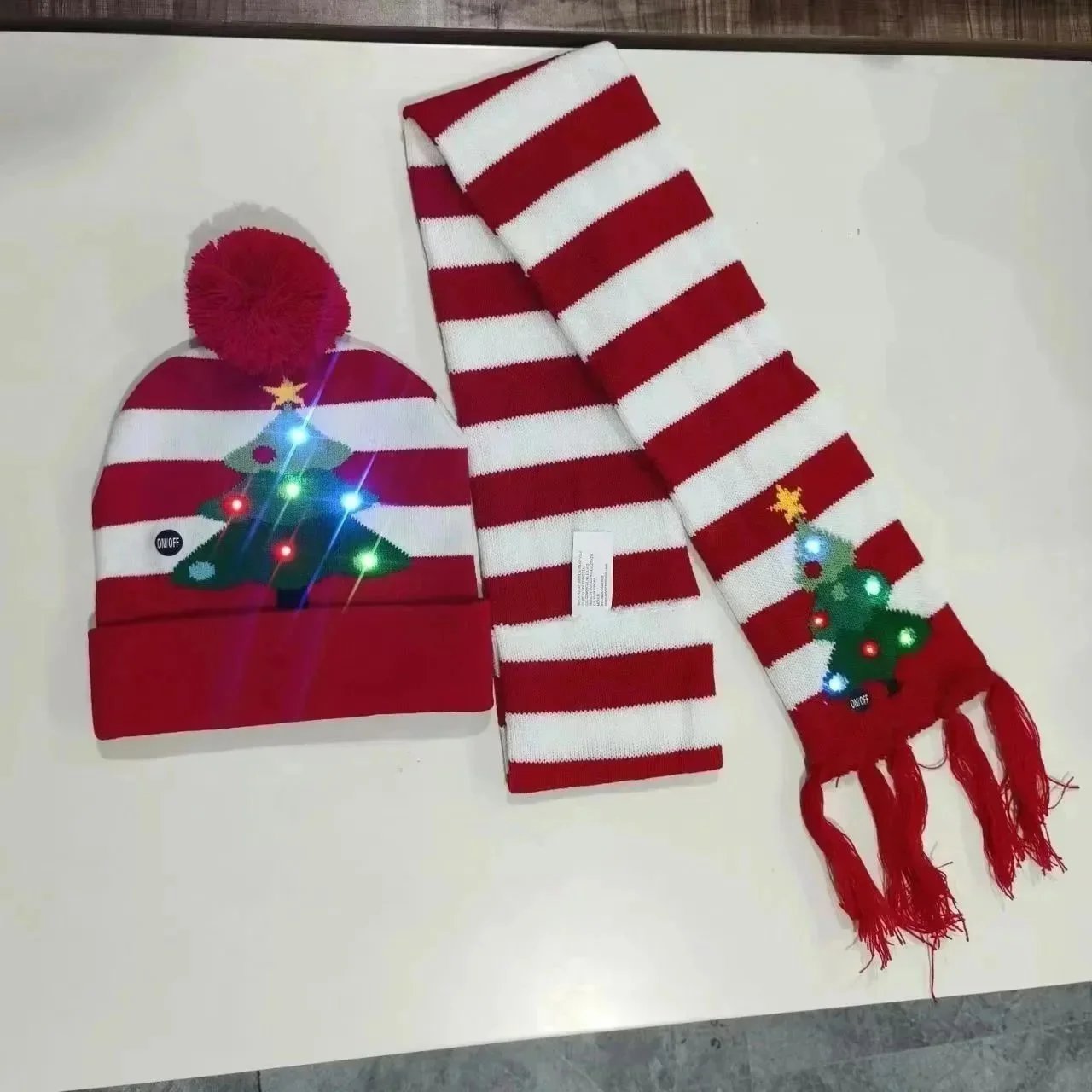 LED Light-Up Christmas Tree Beanie and Scarf Set Red and White Striped Accessories