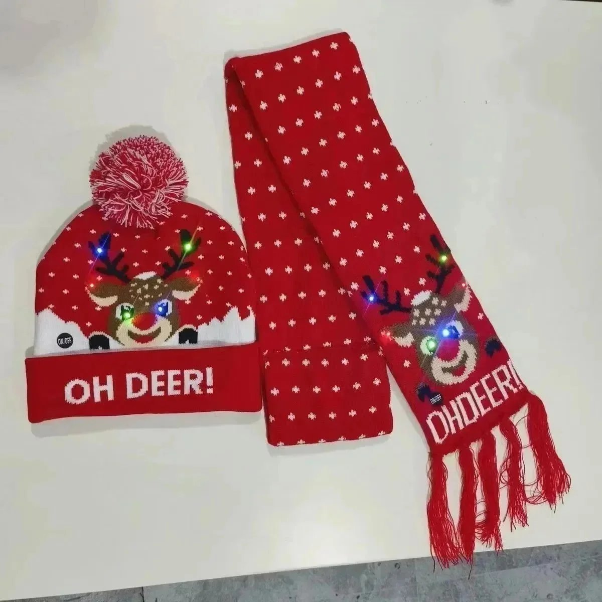Oh Deer! Light-Up Reindeer Beanie and Scarf Set Red - 1