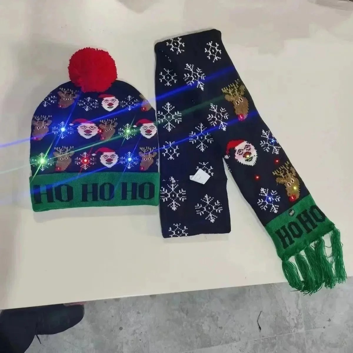 LED Light-Up Christmas Beanie and Scarf Set Navy Green Multicolor Accessories