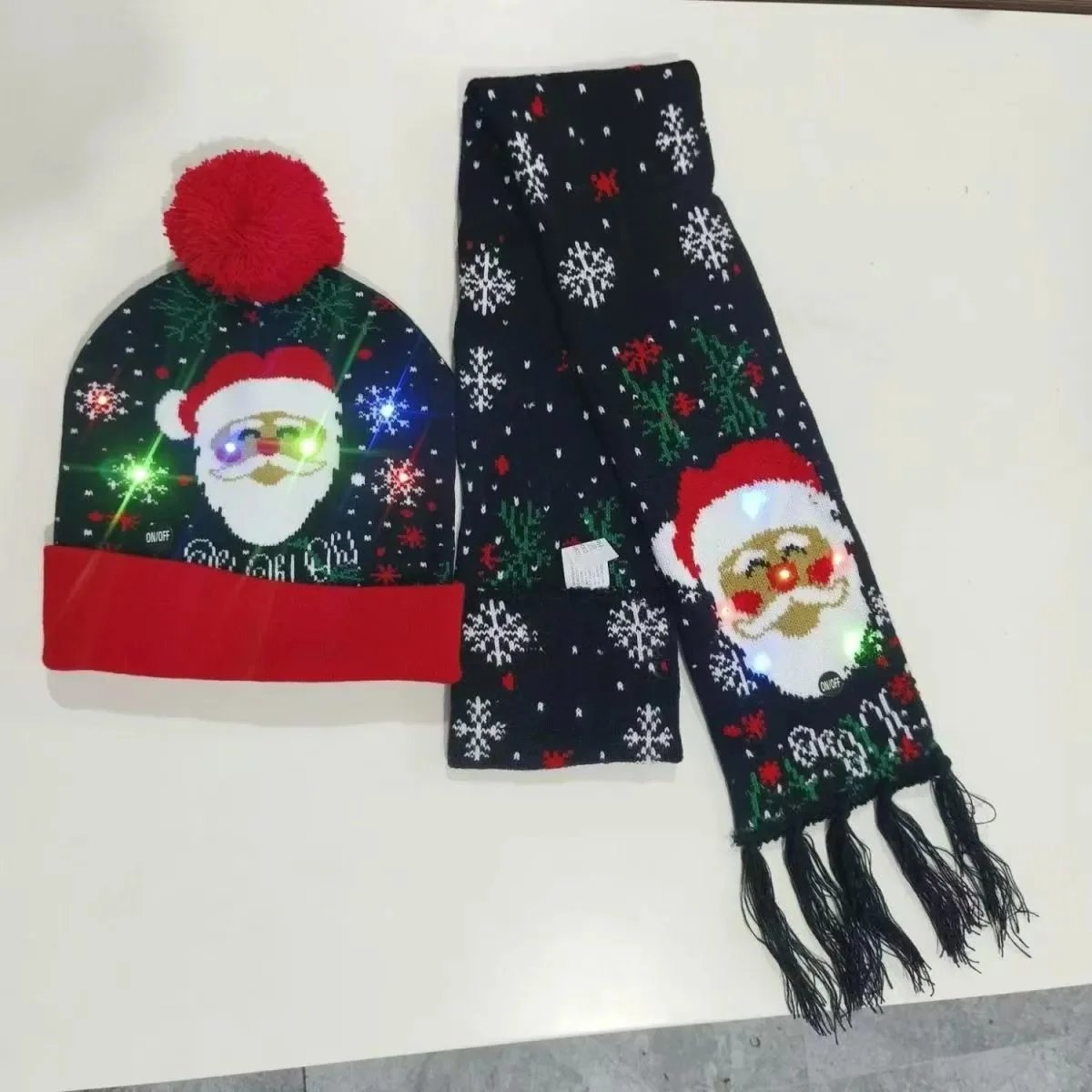 LED Light-Up Christmas Beanie and Scarf Set Navy Green Multicolor Accessories - 16