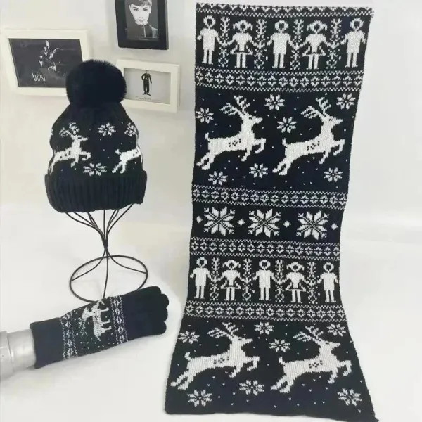 Design Nordic Reindeer Print Beanie, Scarf, and Gloves Set Black/White Accessories - 1
