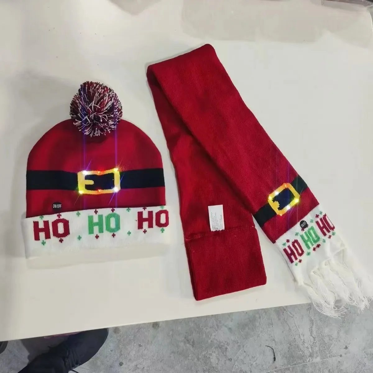 LED Light-Up Christmas Beanie and Scarf Set Navy Green Multicolor Accessories - 15