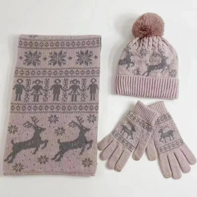 Design Fair Isle Reindeer Print Winter Set: Beanie, Scarf, and Gloves in Dusty Pink - 1