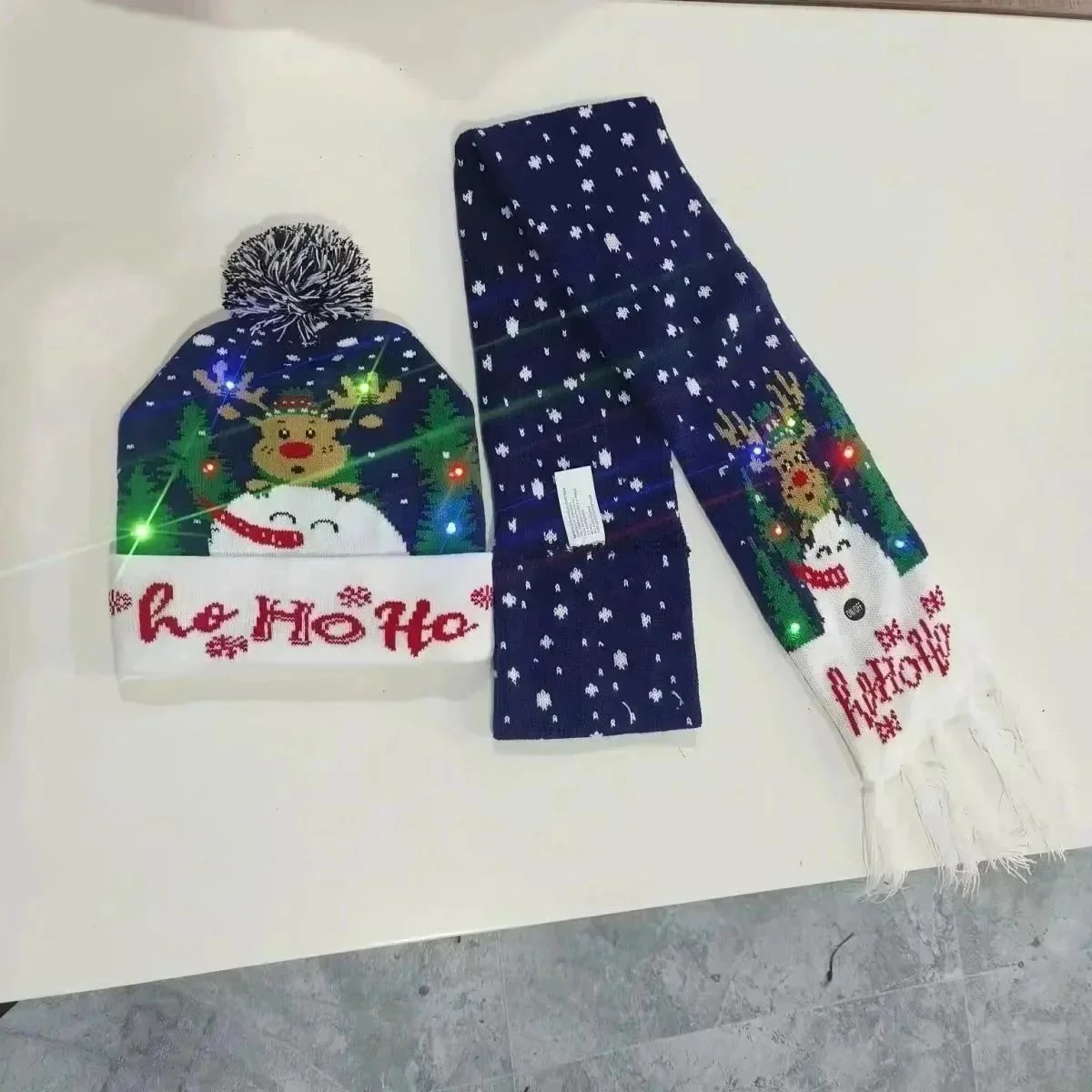 LED Light-Up Holiday Beanie and Scarf Set Navy Blue with Reindeer Snowman Print