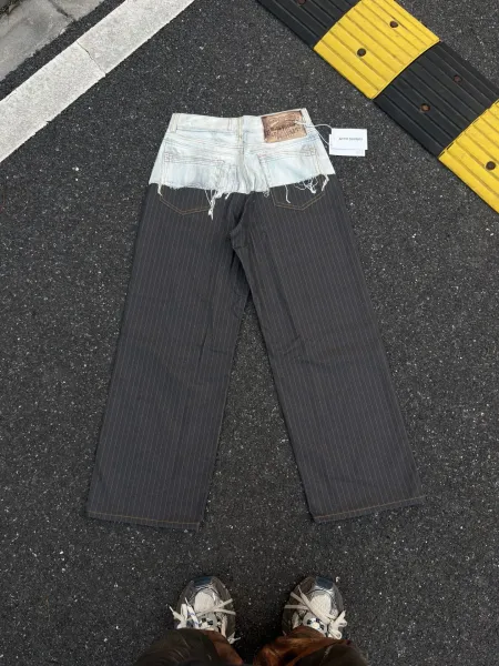 Acne Studios Pinstripe Wide-Leg Pants with Denim Waistband Black - 3