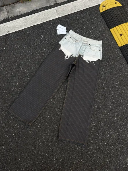 Acne Studios Pinstripe Wide-Leg Pants with Denim Waistband Black - 10