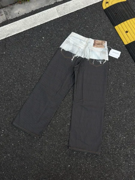 Acne Studios Pinstripe Wide-Leg Pants with Denim Waistband Black - 18