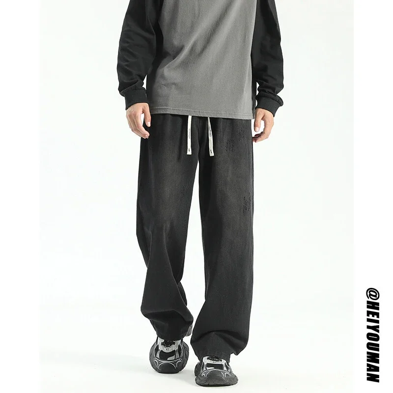 Men's Black Washed Straight Jeans