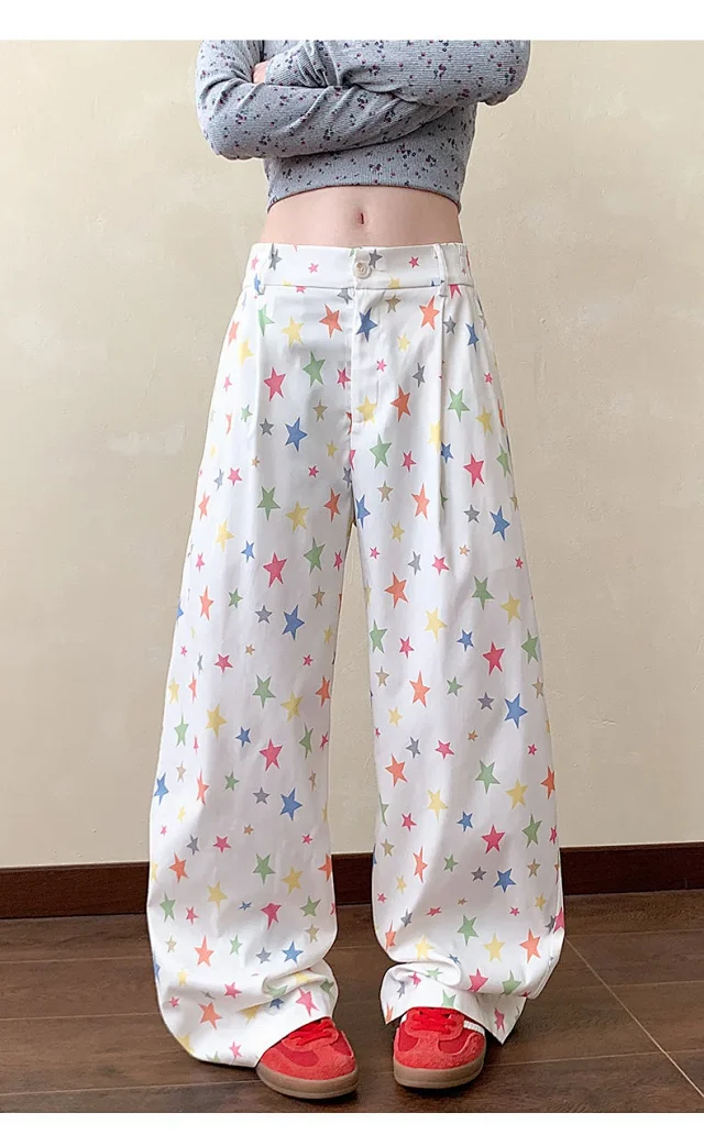 Men's Loose BF Straight Pants with Colorful Star Prints Detail