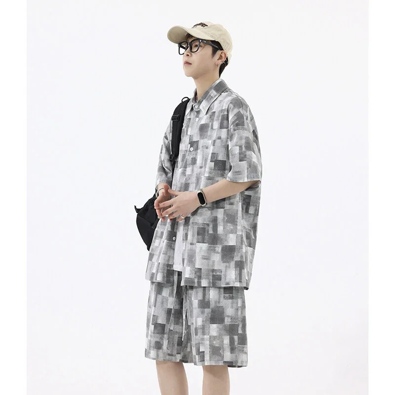 Men's Retro Plaid Short-Sleeve Shirt Suit