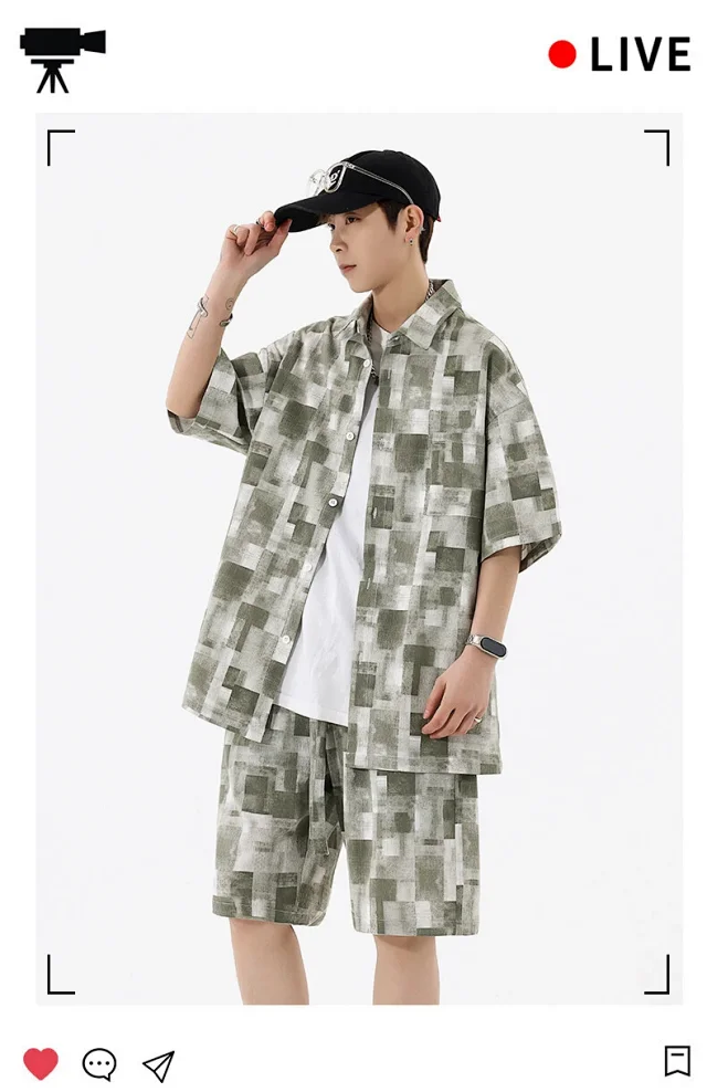 Men's Retro Plaid Short-Sleeve Shirt Suit Detail