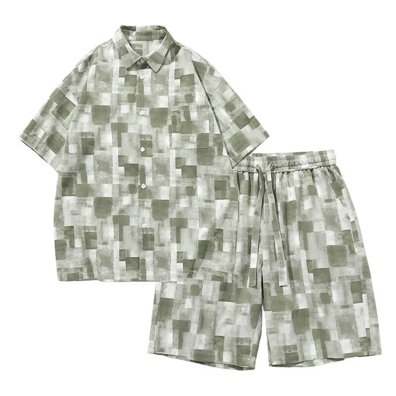 Men's Soft Cotton Plaid Short-Sleeve Shirt Set