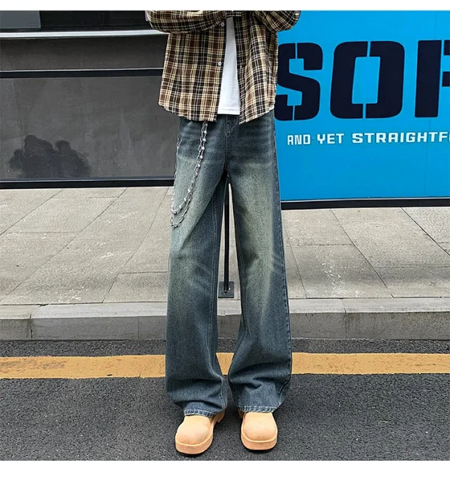 Vintage Washed Men's Straight Loose Wide-Leg Jeans Detail