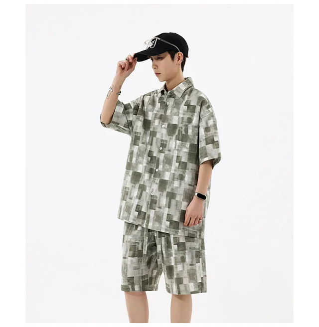 Men's Retro Plaid Short-Sleeve Shirt Suit Detail