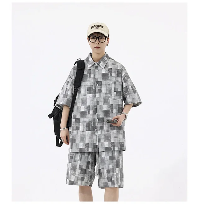 Men's Retro Plaid Short-Sleeve Shirt Suit Detail