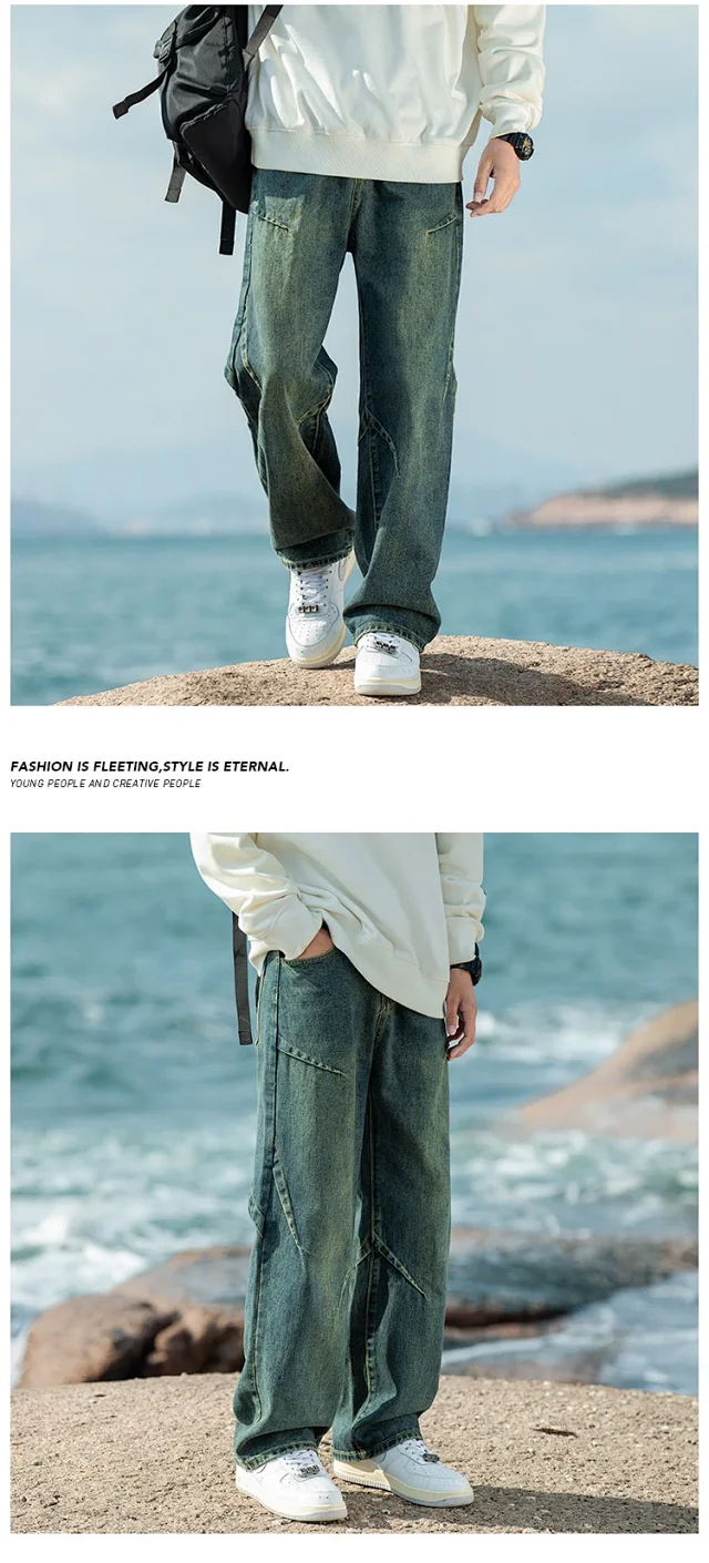 Men's Retro Denim Wide-leg Pants Detail