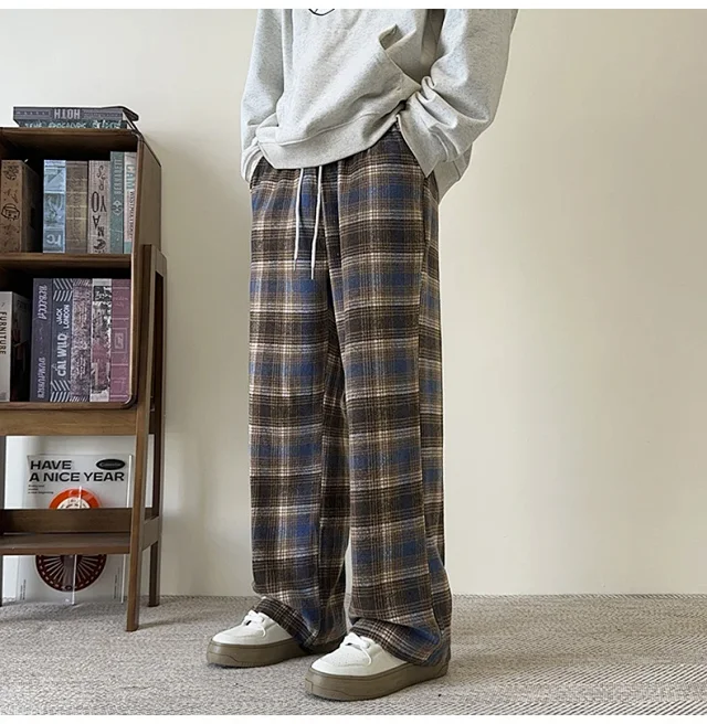 Men's Spring/Fall Contrast Check Wool Trousers Detail