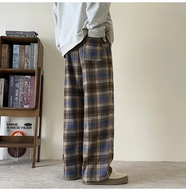 Men's Spring/Fall Contrast Check Wool Trousers Detail