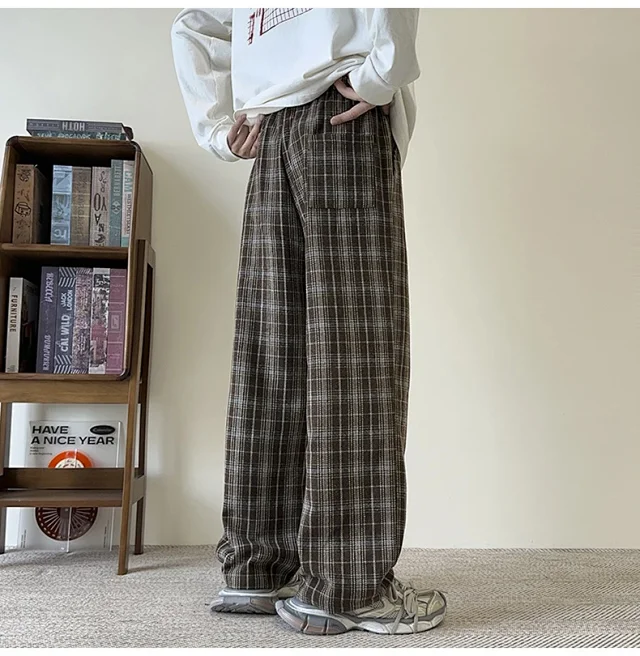 Men's Spring/Fall Contrast Check Wool Trousers Detail