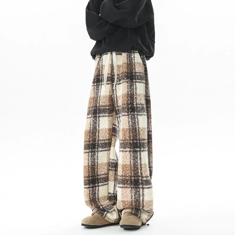Men's Fleece Thickened Woolen Plaid Pants