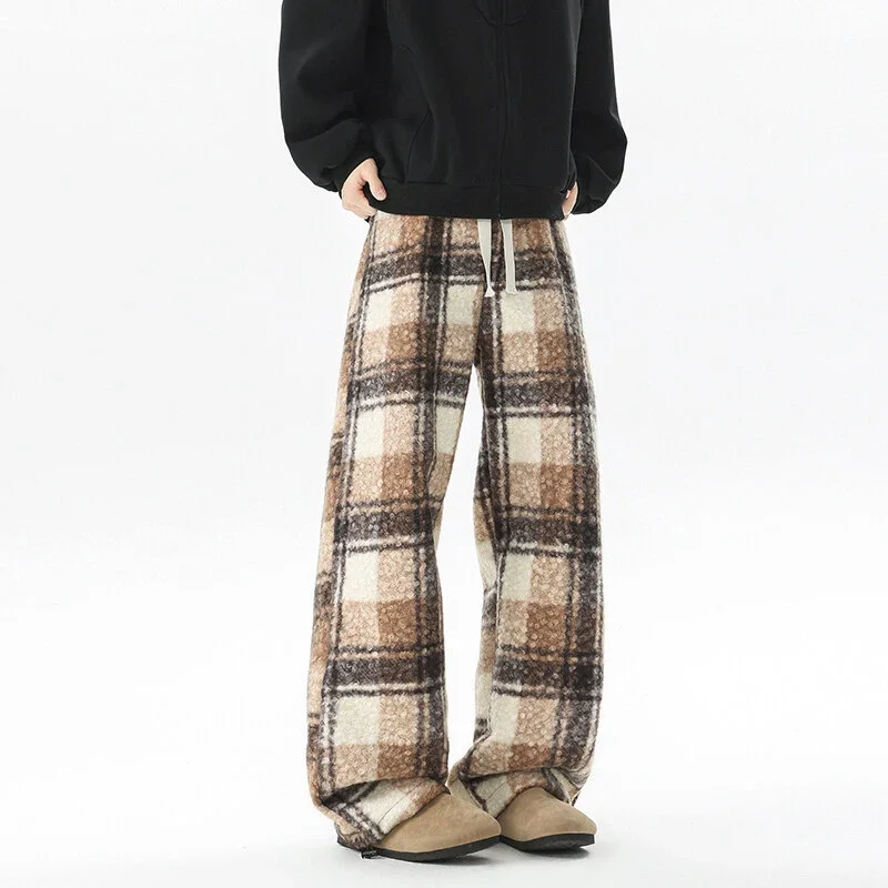 Men's Fleece Thickened Woolen Plaid Pants