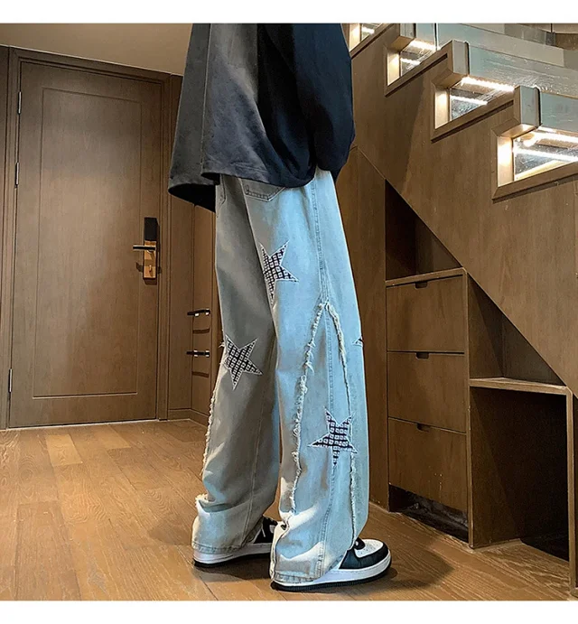 Hip-hop Men's Spring Twisted Rope Star Jeans Detail