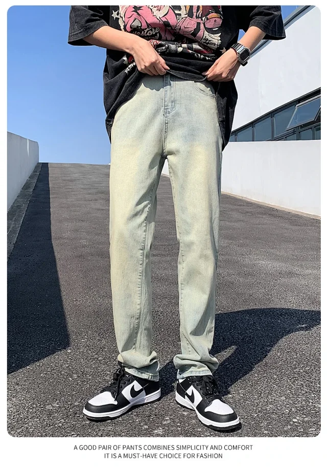 Men's Wide-Leg Loose Straight Jeans (Yellow Dye, Vintage Wash) Detail