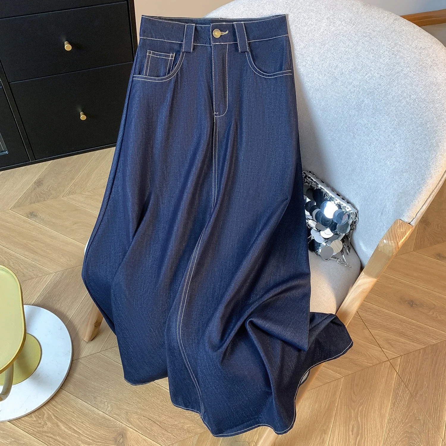 Denim Blue 2025 Tencel Denim Midi A-Line Skirt